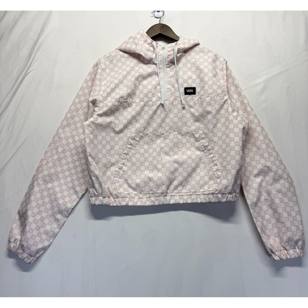 Vans Cropped Windbreaker Jacket Womens XL Pink White Checkerboard Logo Print